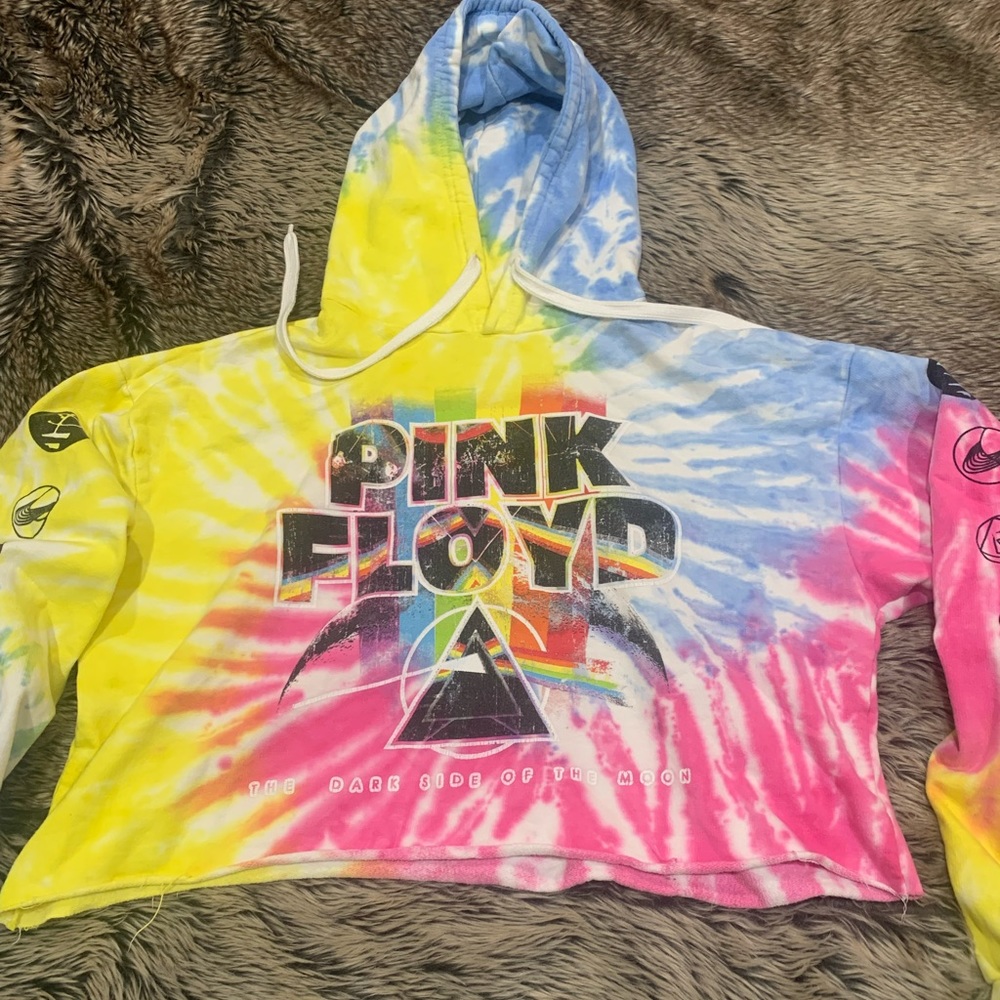 Pink Floyd The Dark Side Of The Moon Tie Dye Crop Hoodie Multicolor Womens L